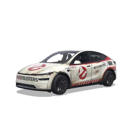 Tesla Model Y (2025+) with a Ghostbusters Ecto-1 wrap, 3D preview