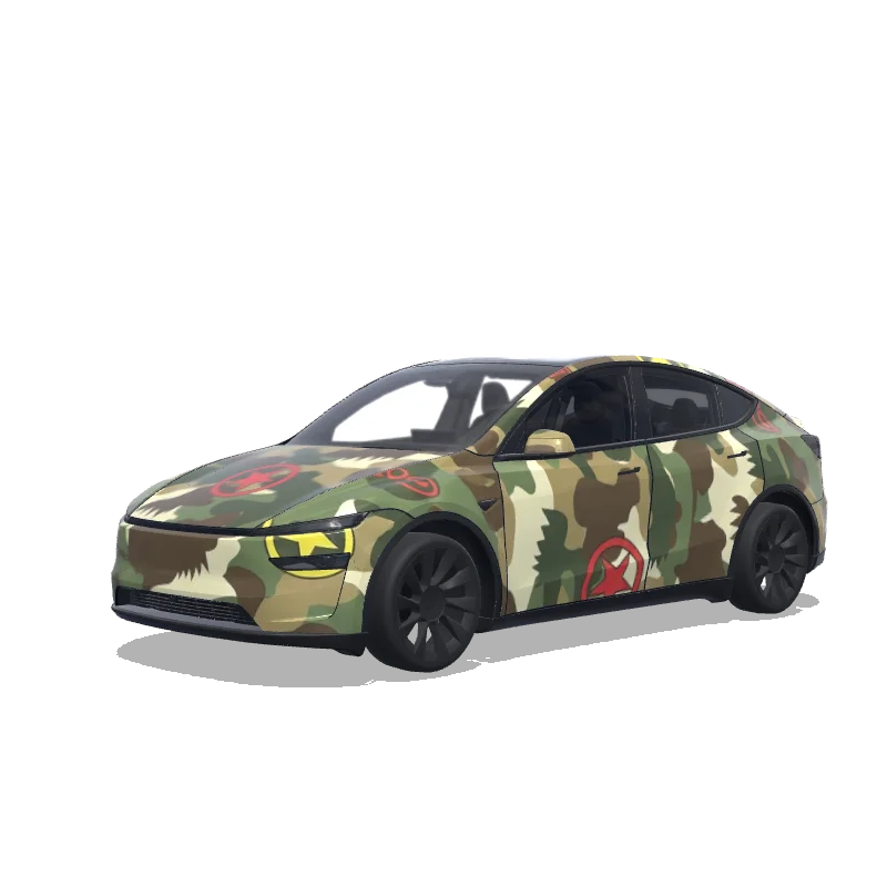 Tesla Model Y (2025+) with a Gorillaz Geep Camo Pattern wrap, 3D preview