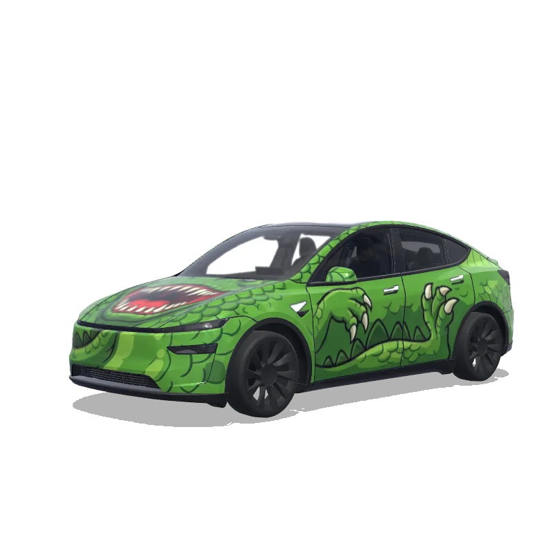 Tesla Model Y (2025+) with a Green Cartoon Dinosaur Jaws wrap, 3D preview