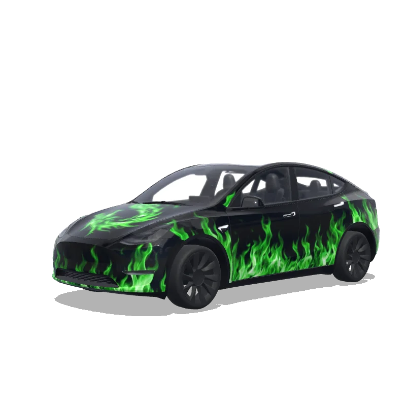 Tesla Model Y with a Green Flames Dragon wrap, 3D preview