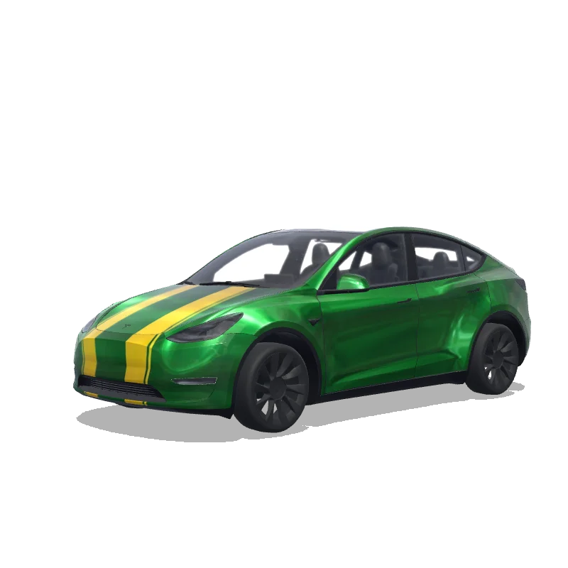 Tesla Model Y with a Green with Yellow Racing Stripes wrap, 3D preview