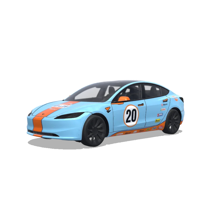 Tesla Model 3 (2024+) with a Gulf Blue No. 20 wrap, 3D preview