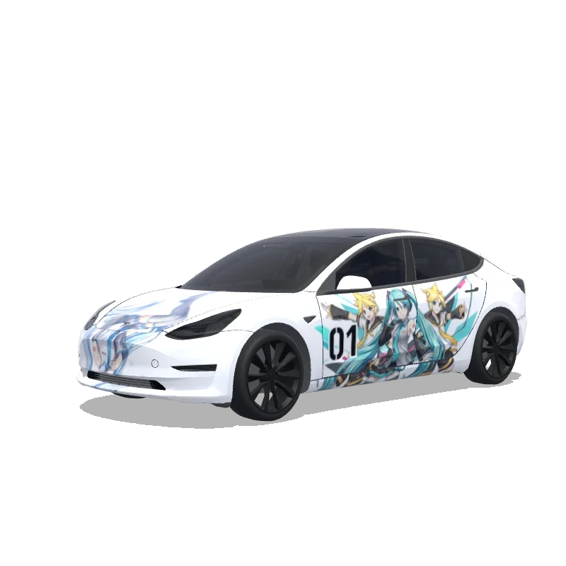 Tesla Model 3 with a Hatsune Miku and Kagamine Itasha wrap, 3D preview
