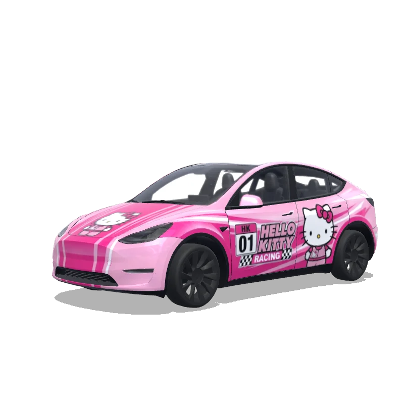 Tesla Model Y with a Hello Kitty baby-pink wrap, 3D Paint Shop preview