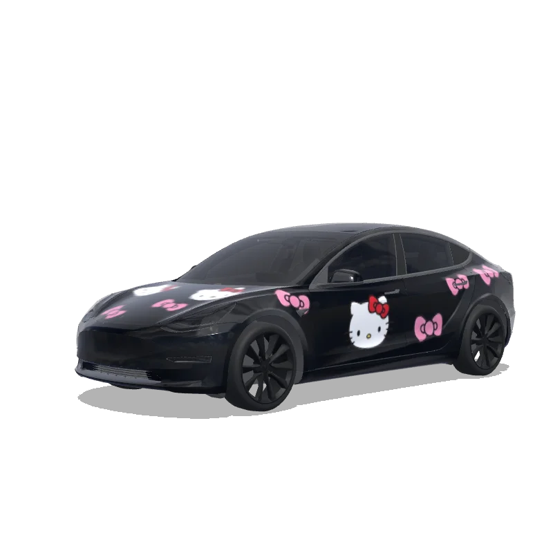 Tesla Model 3 with a Hello Kitty Black with Pink Bows wrap, 3D preview