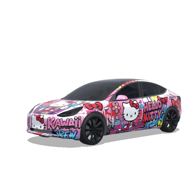 Tesla Model 3 with a Hello Kitty Doodle Art wrap, 3D preview