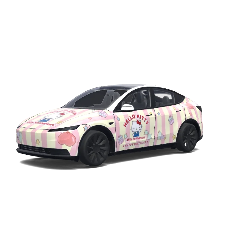 Tesla Model Y (2025+) with a Hello Kitty Pastel Stripes wrap, 3D preview