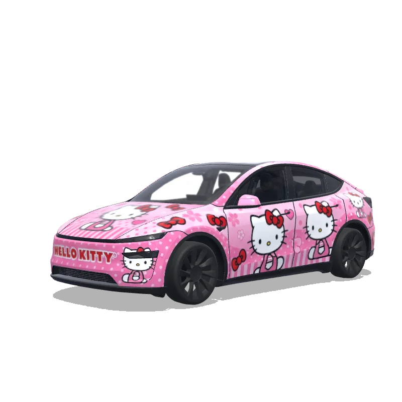Tesla Model Y (2025+) with a Hello Kitty Pink Theme wrap, 3D preview
