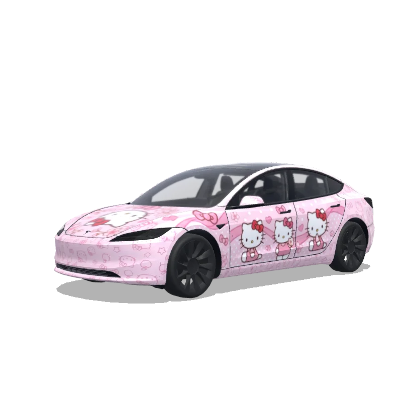 Tesla Model 3 (2024+) with a Hello Kitty Soft Pink wrap, 3D preview