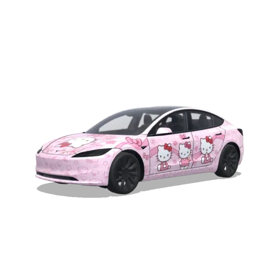 Tesla Model 3 (2024+) with a Hello Kitty Soft Pink wrap, 3D preview