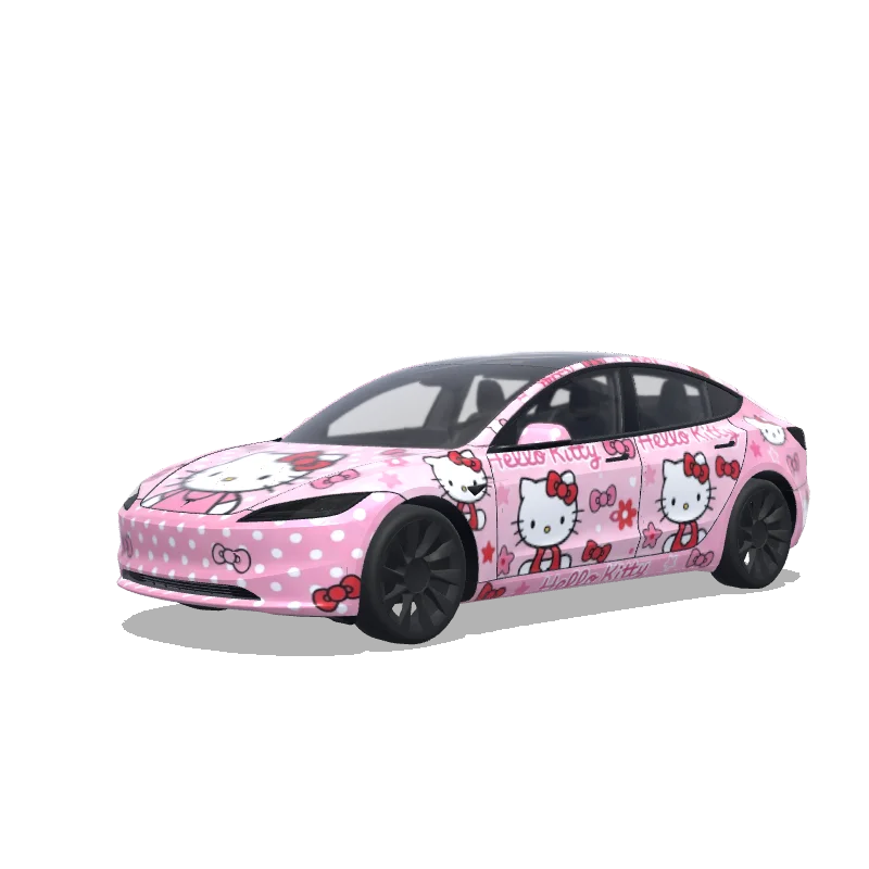 Tesla Model 3 (2024+) with a Hello Kitty wrap, 3D Paint Shop preview