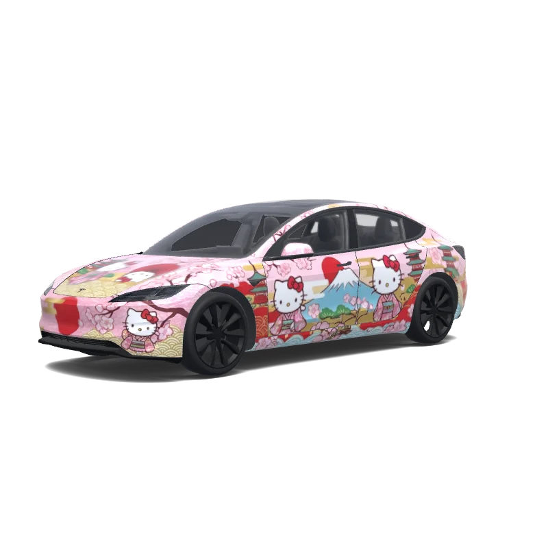 Tesla Model 3 (2024+) with a Hello Kitty wrap, 3D Paint Shop preview