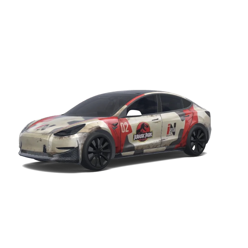 Tesla Model 3 with a Jurassic Park Khaki and Red wrap, 3D preview