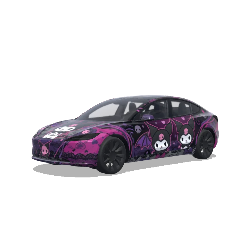 Tesla Model 3 (2024+) with a Kuromi wrap, 3D Paint Shop preview