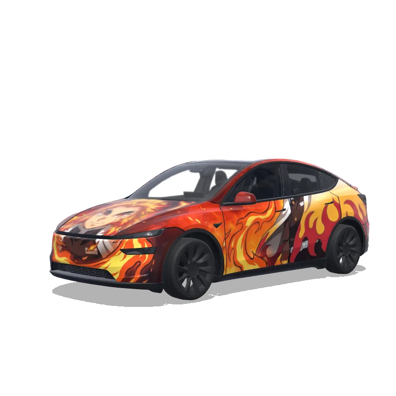 Tesla Model Y (2025+) with a Kyojuro Rengoku Flames wrap, 3D preview