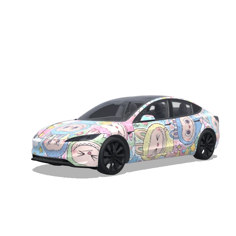 Tesla Model 3 (2024+) with a Labubu wrap, 3D Paint Shop preview
