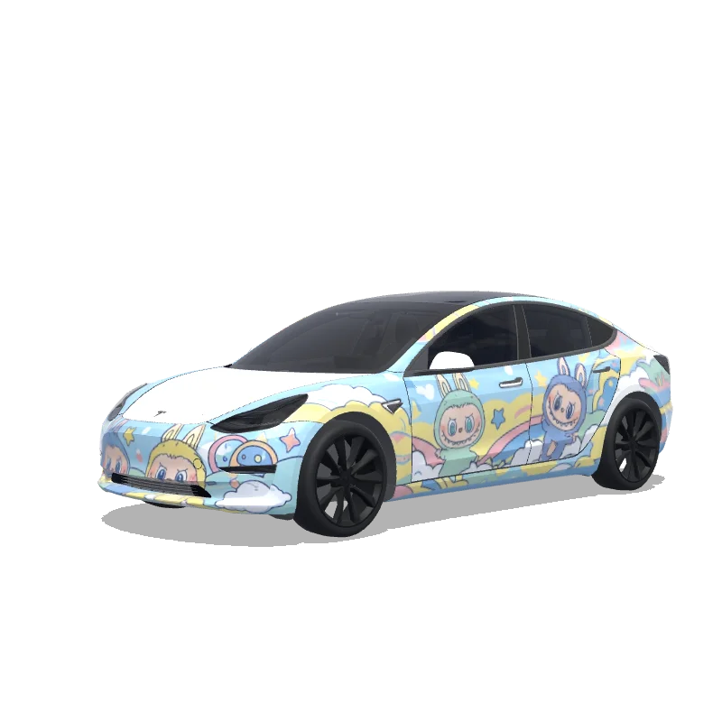 Tesla Model 3 with a Labubu wrap, 3D Paint Shop preview