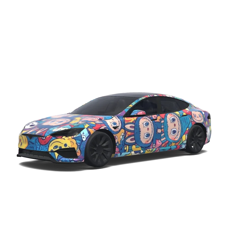 Tesla Model S with a Labubu wrap, 3D Paint Shop preview
