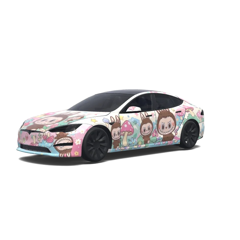 Tesla Model S with a Labubu wrap, 3D Paint Shop preview