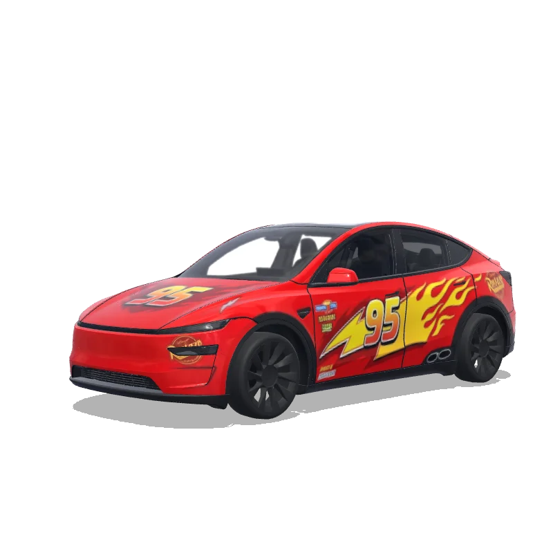Tesla Model Y (2025+) with a Lightning McQueen Classic wrap, 3D preview