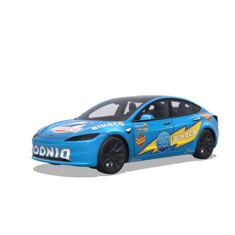 Tesla Model 3 (2024+) with a Lightning McQueen Dinoco Blue wrap, 3D preview