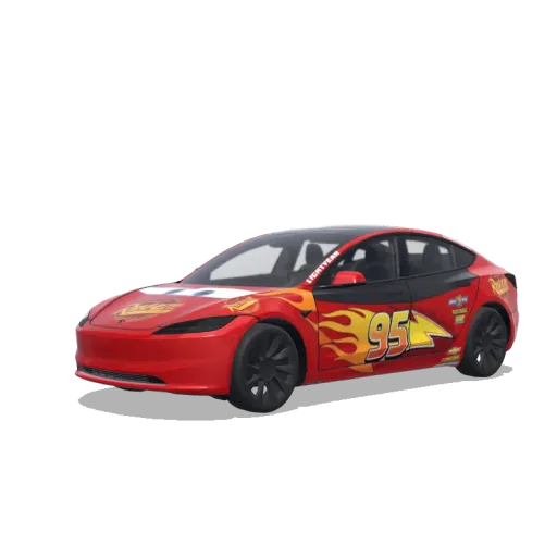 Tesla Model 3 (2024+) with a Lightning McQueen Racer wrap, 3D preview