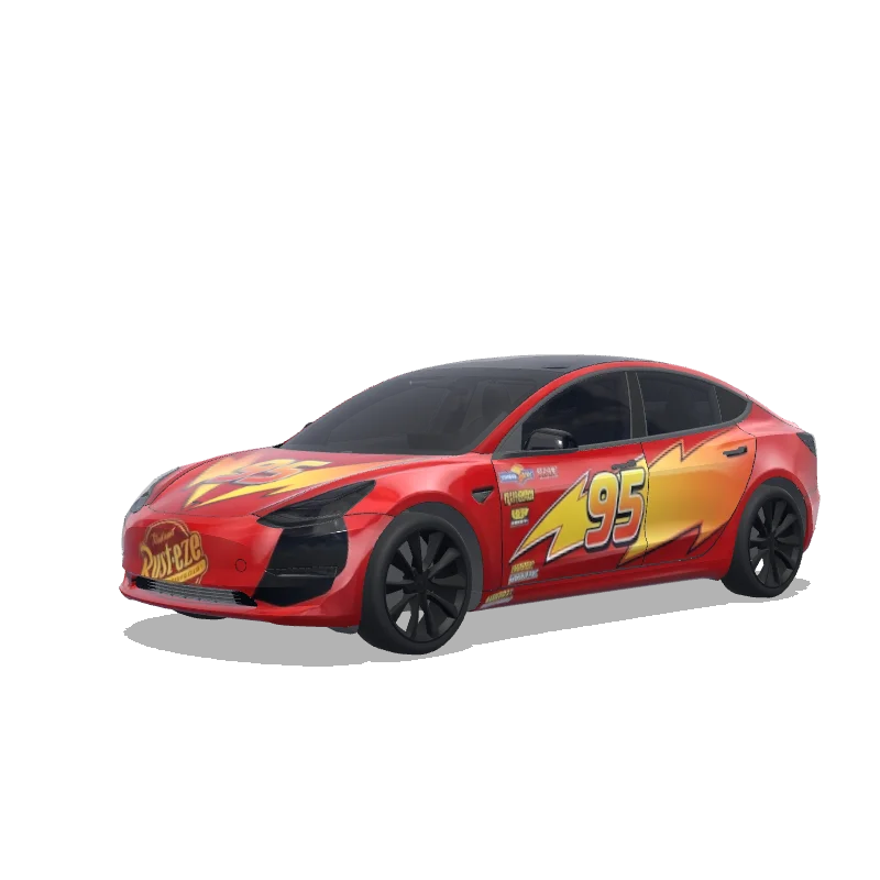 Tesla Model 3 with a Lightning McQueen Red wrap, 3D preview