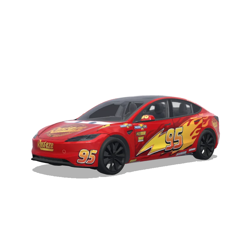 Tesla Model 3 (2024+) with a Lightning Mcqueen wrap, 3D Paint Shop preview