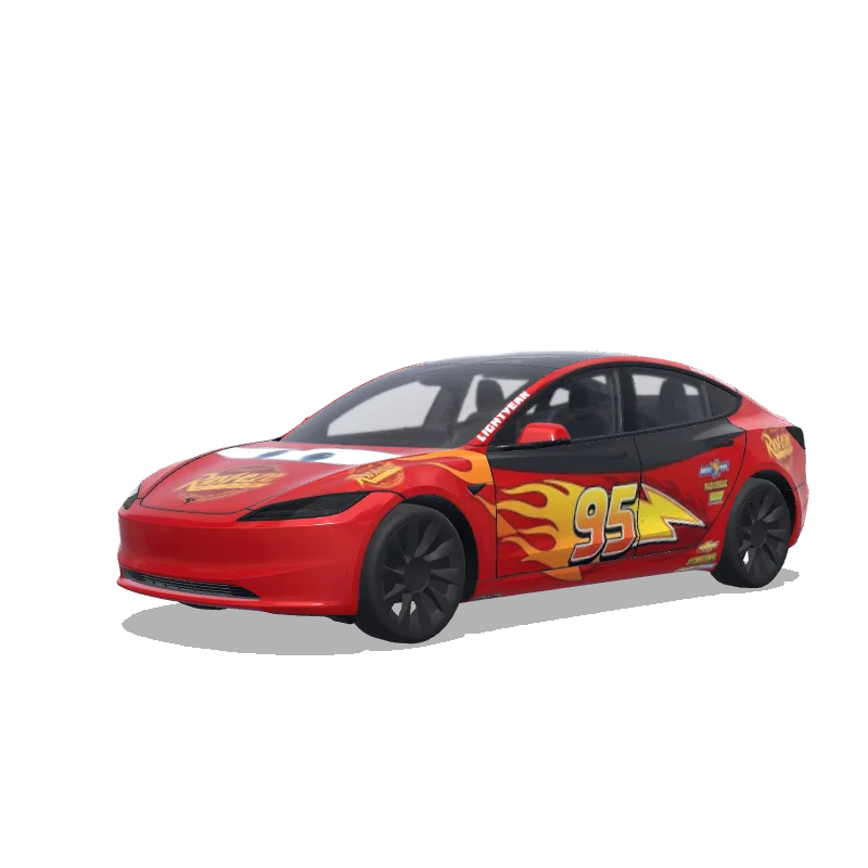 Tesla Model 3 (2024+) with a Lightning Mcqueen wrap, 3D Paint Shop preview