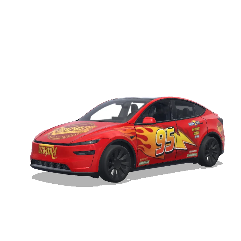 Tesla Model Y (2025+) with a Lightning Mcqueen wrap, 3D Paint Shop preview