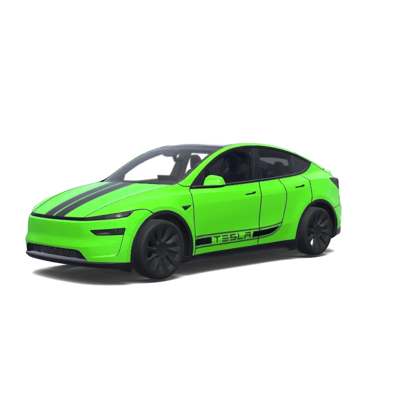 Tesla Model Y (2025+) with a Lime Green with Black Stripes wrap, 3D preview