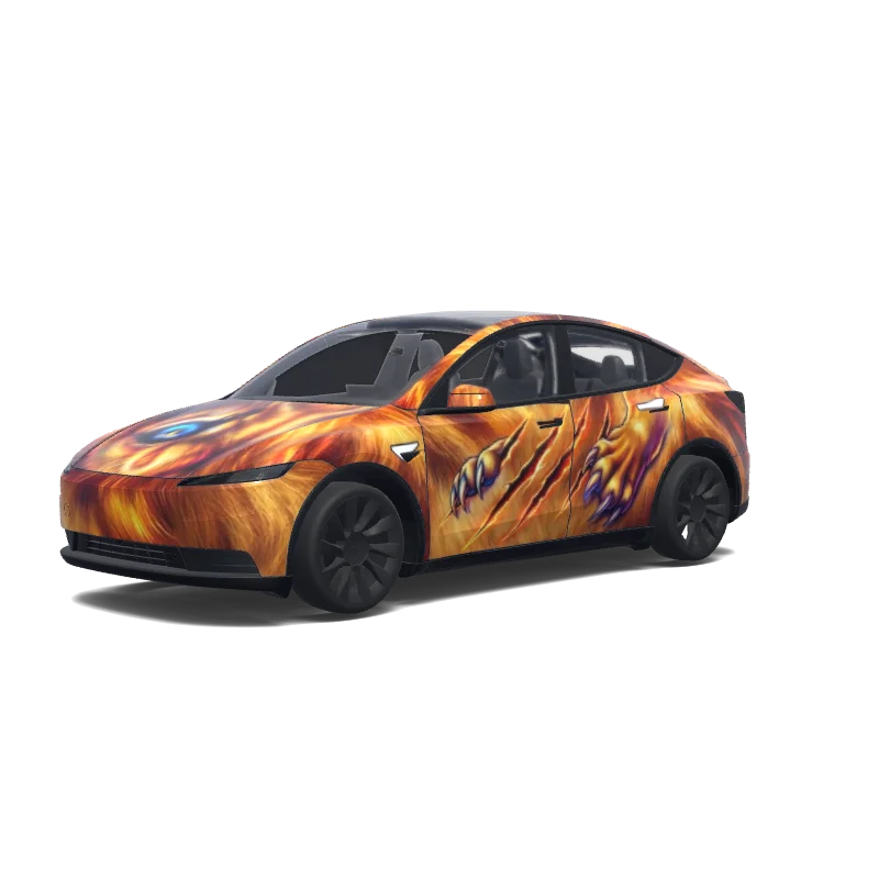 Tesla Model Y (2025+) with a Lion Face Orange Flames wrap, 3D preview
