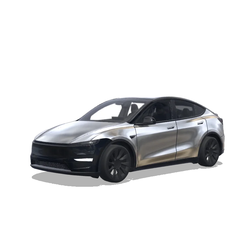 Tesla Model Y (2025+) with a Liquid Silver and Black Mirror wrap, 3D preview