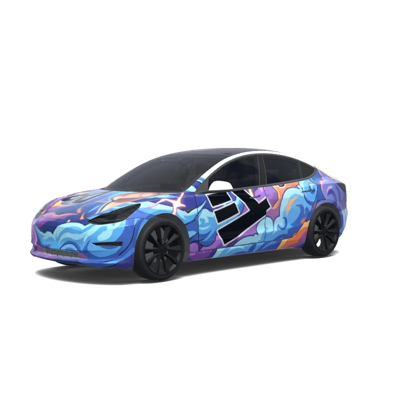 Tesla Model 3 with a Luffy Gear 5 Blue and Purple Clouds wrap, 3D preview