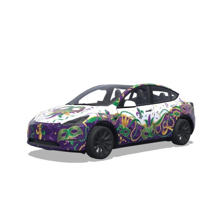 Tesla Model Y with a Mardi Gras Purple Green Gold wrap, 3D preview