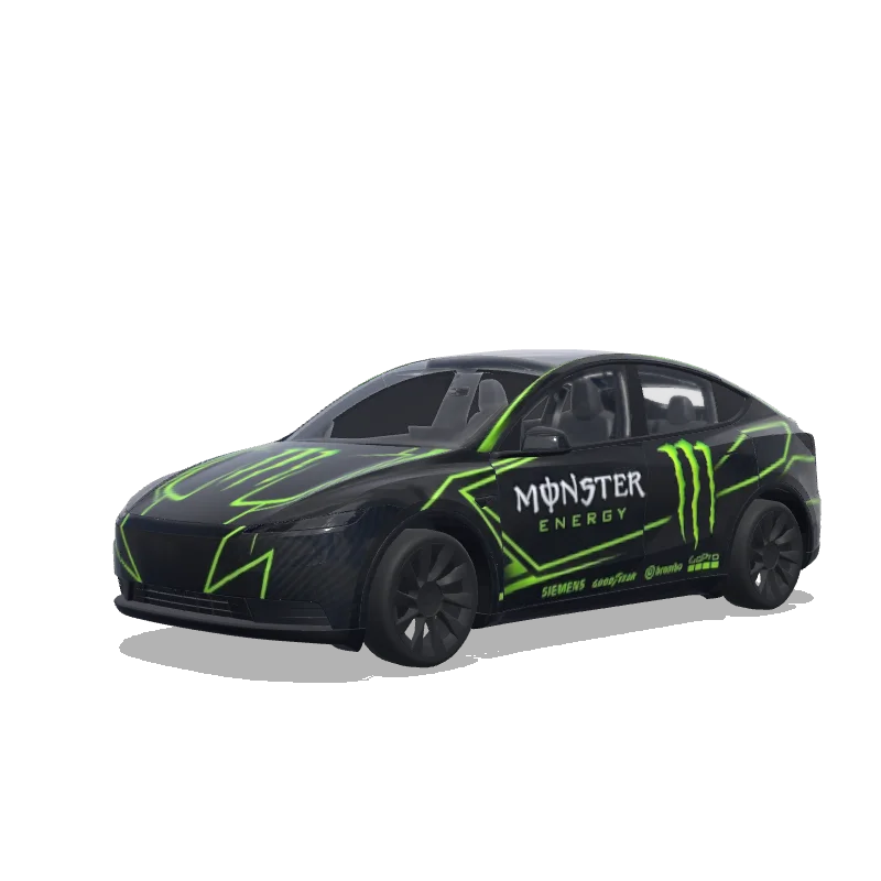 Tesla Model Y (2025+) with a Matte Black Monster Energy wrap, 3D preview