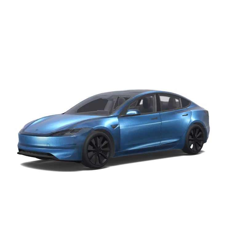 Tesla Model 3 (2024+) with a Matte Snow blue wrap, 3D preview