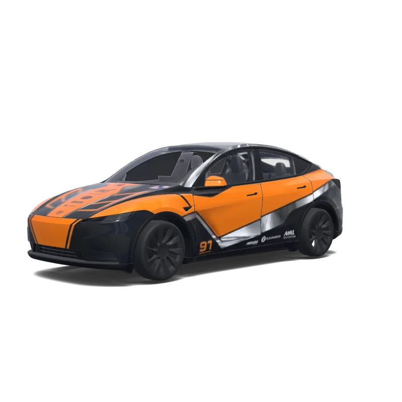 Tesla Model Y (2025+) with a McLaren 2026 Papaya Chrome wrap, 3D preview