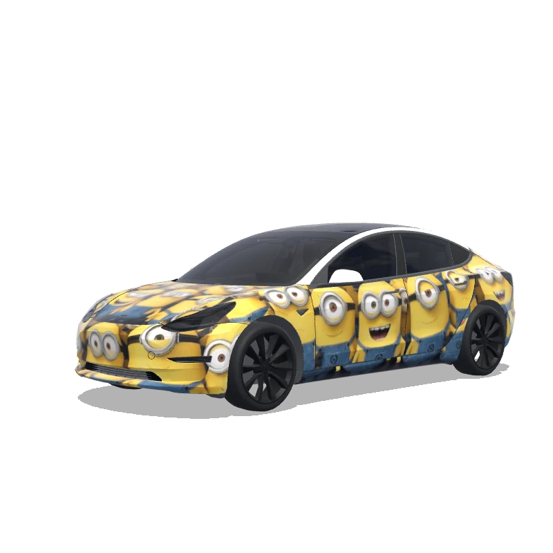 Tesla Model 3 with a Minions Collage wrap, 3D preview