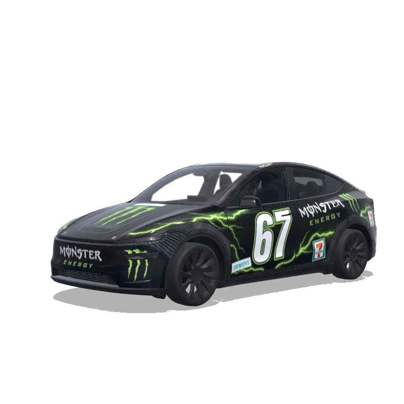 Tesla Model Y (2025+) with a Monster Energy No. 67 Matte Black wrap, 3D preview