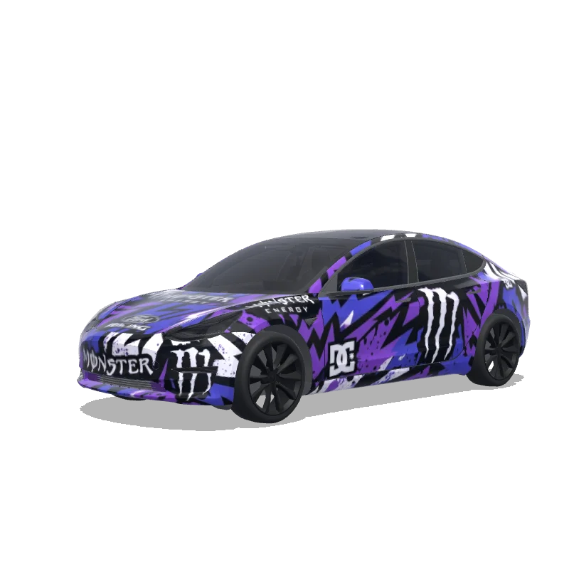 Tesla Model 3 with a Monster Energy Purple Camo wrap, 3D preview