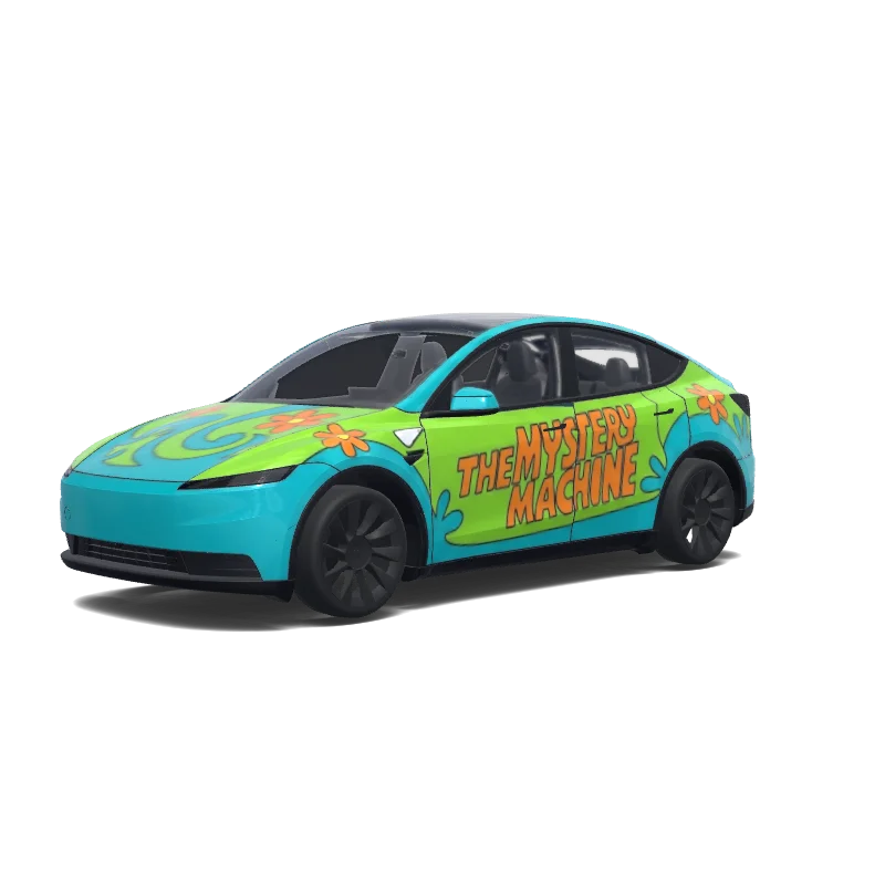 Tesla Model Y (2025+) with a Mystery Machine Teal and Green wrap, 3D preview