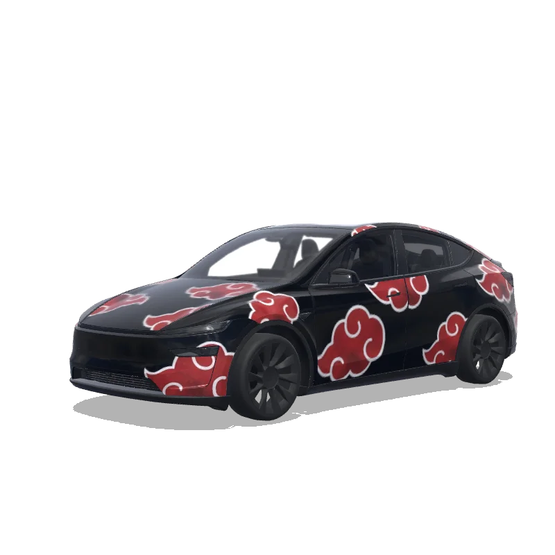 Tesla Model Y (2025+) with a Naruto Akatsuki Red Clouds wrap, 3D preview