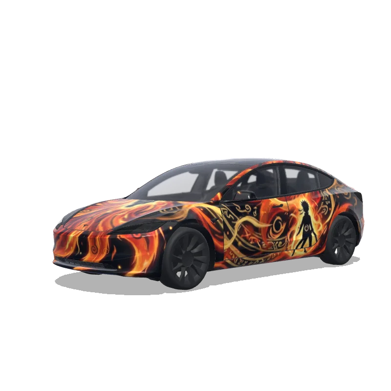 Tesla Model 3 (2024+) with a Naruto Nine-Tails Orange Flames wrap, 3D preview