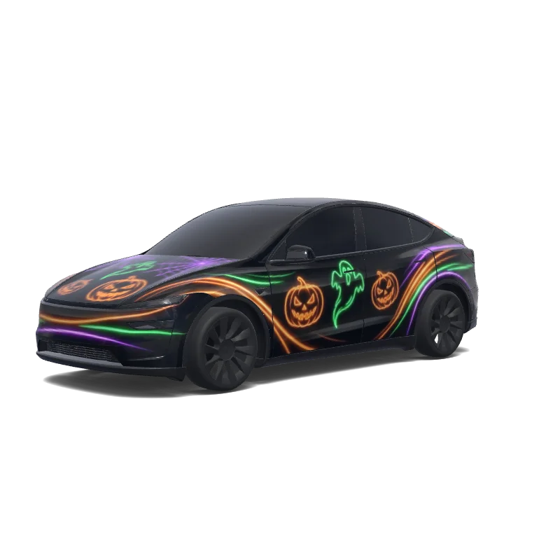 Tesla Model Y (2025+) with a Neon Vaporwave purple and orange wrap, 3D preview
