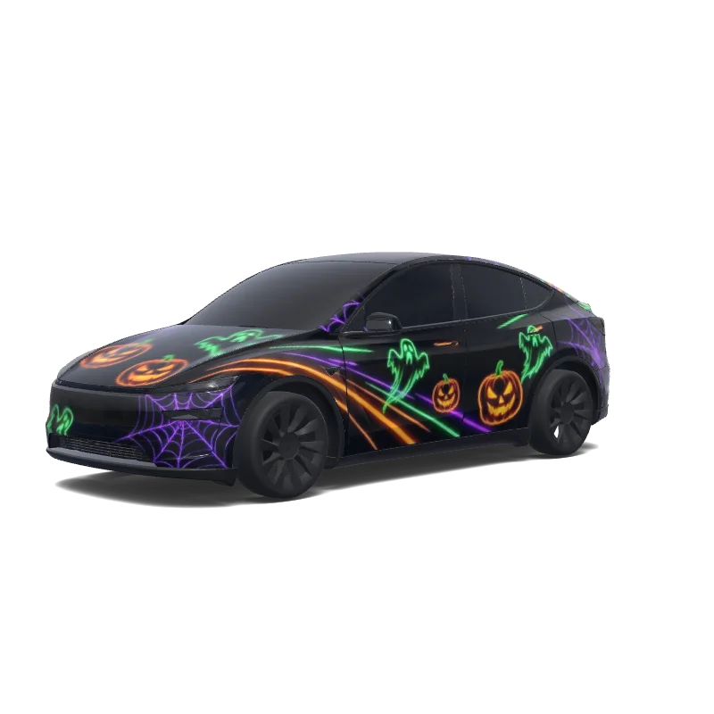 Tesla Model Y (2025+) with a Neon Vaporwave purple and orange wrap, 3D preview