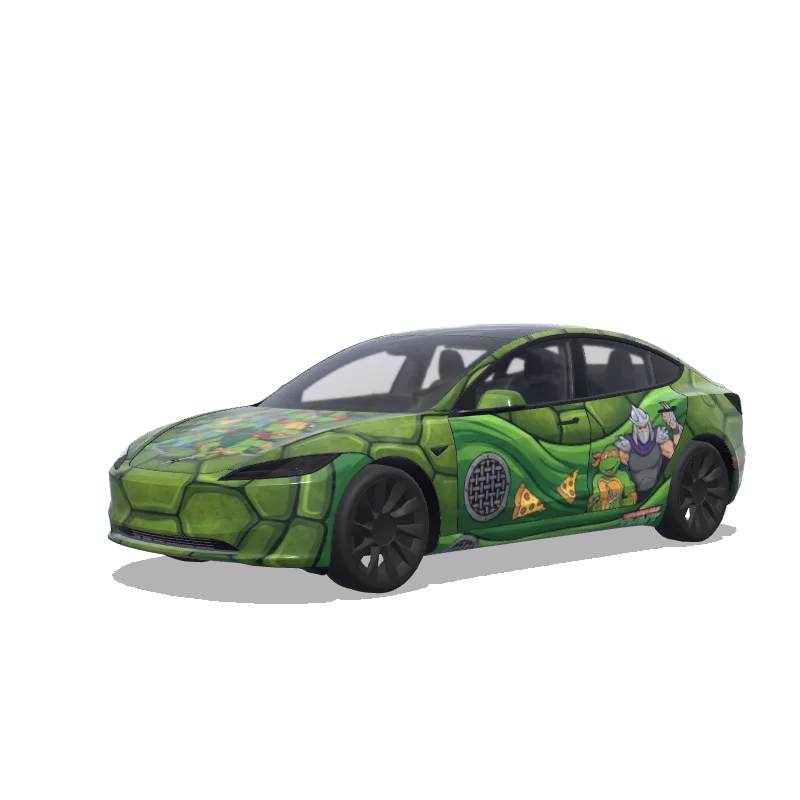 Tesla Model 3 (2024+) with a Ninja Turtle Shell Green wrap, 3D preview