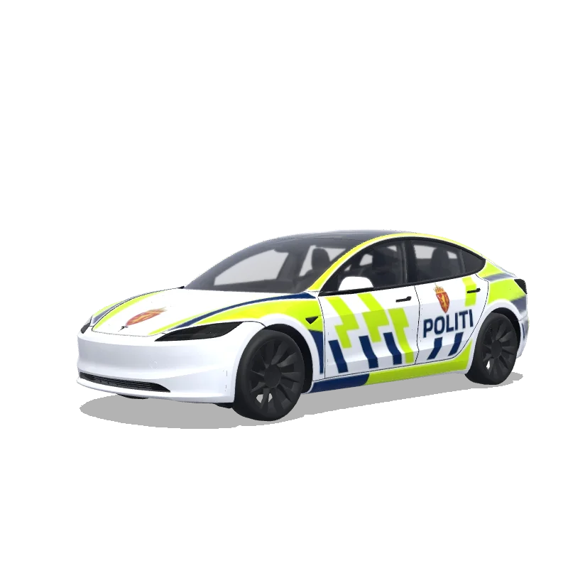 Tesla Model 3 (2024+) with a Norwegian Police Livery wrap, 3D preview