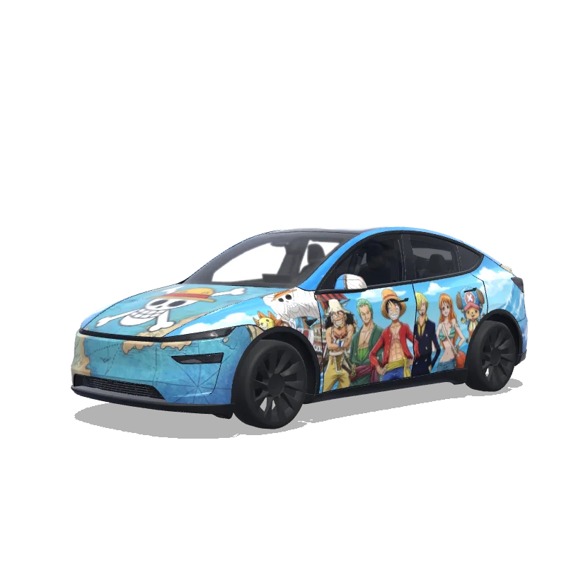 Tesla Model Y (2025+) with a One Piece Straw Hat Crew Blue wrap, 3D preview