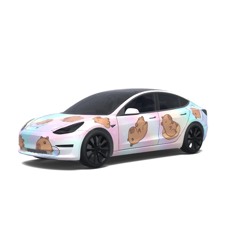 Tesla Model 3 with a Opal Holographic Capybaras wrap, 3D preview